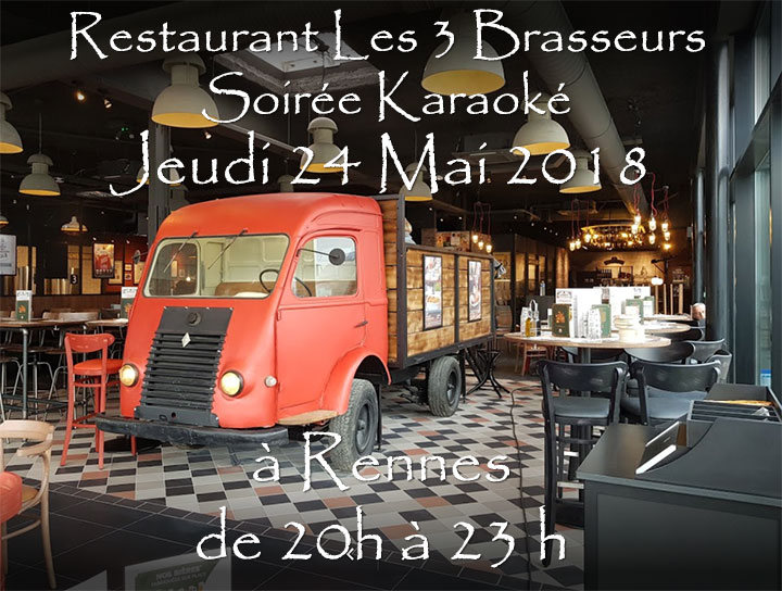 Lire la suite à propos de l’article Soirée Karaoké  Jeudi 24 Mai 2018 à Rennes au restaurant Les Trois Brasseurs (316 rue de Saint Malo)