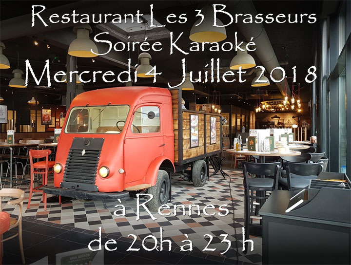 Lire la suite à propos de l’article Soirée Karaoké  Mercredi 4 Juillet 2018 à Rennes au restaurant Les Trois Brasseurs (316 rue de Saint Malo)