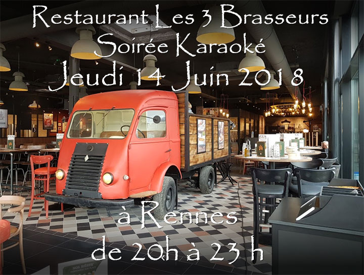 Lire la suite à propos de l’article Soirée Karaoké  Jeudi 14 Juin 2018 à Rennes au restaurant Les Trois Brasseurs (316 rue de Saint Malo)