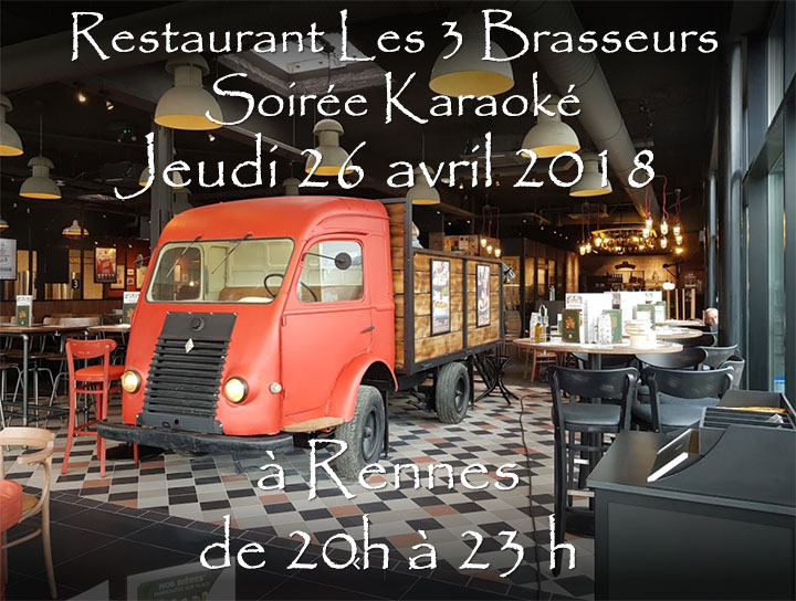 You are currently viewing Soirée Karaoké  Jeudi 26 Avril 2018 à Rennes au restaurant Les Trois Brasseurs (316 rue de Saint Malo)