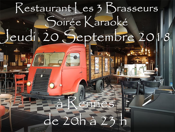 Lire la suite à propos de l’article Soirée Karaoké  Jeudi 20 Septembre 2018 à Rennes au restaurant Les Trois Brasseurs (316 rue de Saint Malo)