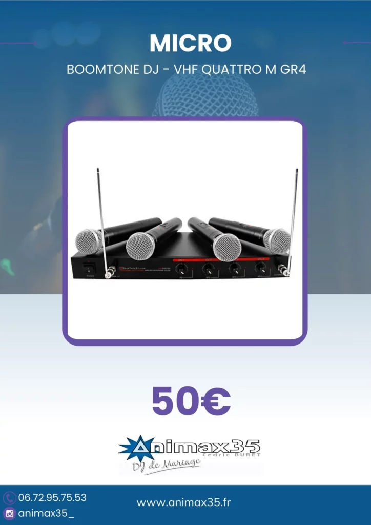 Location micro sans fil BoomToneDJ Quattro avec 4 micros main pour discours et karaoké